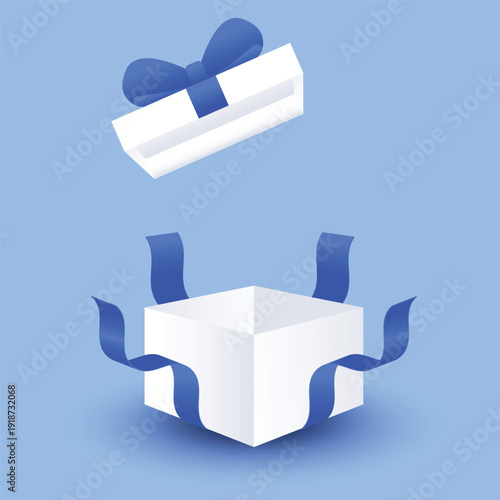 Open gift box with blue ribbon, celebration, discount and advertising poster design element