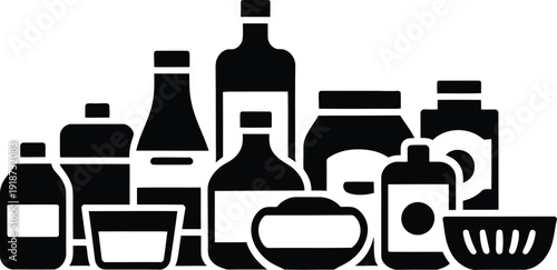 A collection of various bottles and containers in a simple black and white illustration