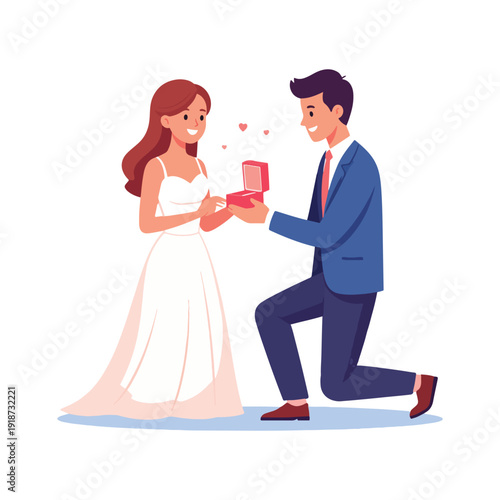 Man proposing marriage to woman with ring and hearts in romantic illustration