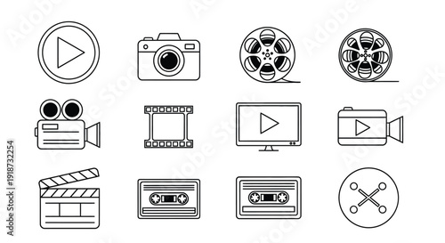 Collection of film and video related icons in black and white