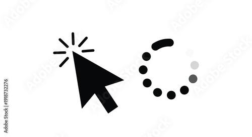 Loading icon featuring a cursor and rotating dots on a white background