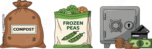 Compost Bag, Frozen Peas Package, and Money Safe Illustration Set Representing Sustainability, Food Storage, Savings, and Household Management Concepts