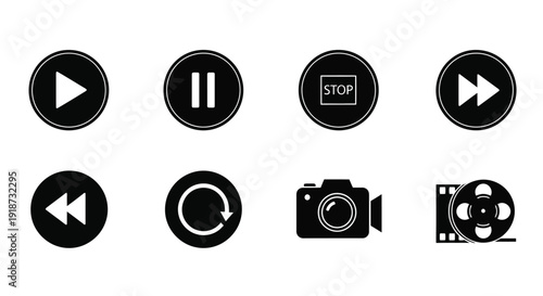 Black and white media control icons including play pause stop and rewind