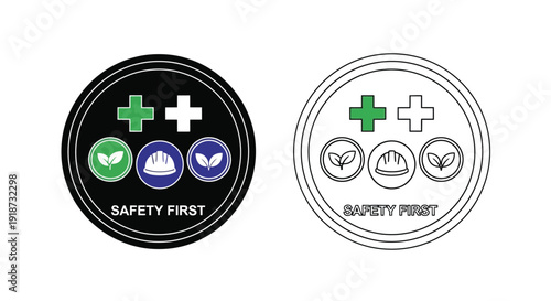 Two circular safety badges one dark one light with medical and protective symbols