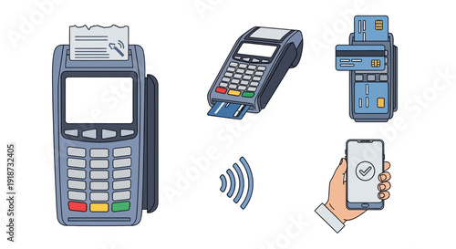 Set of POS terminals and mobile payment methods for secure transactions.
