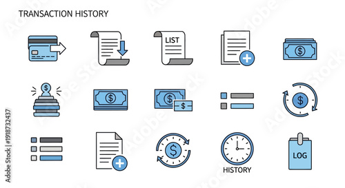 Transaction History Icons Set for Financial Tracking and Management.