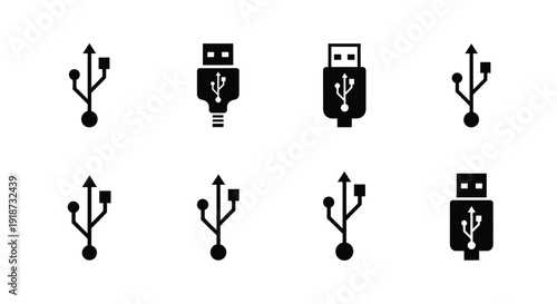 Various black usb connector icons displayed on a white background