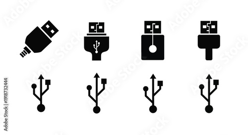 Collection of various black usb connector icons in different orientations
