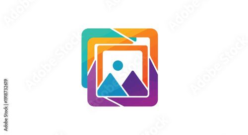 Abstract logo featuring layered squares and a mountainous landscape