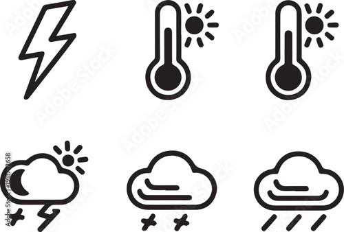 Line art weather icons set isolated on white background, minimal meteorology outline collection, thin line sun, cloud, rain, snow, and storm symbols, clean monochrome design