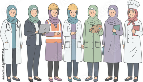 Diverse group of women in hijabs working in various professional roles and occupations, standing together