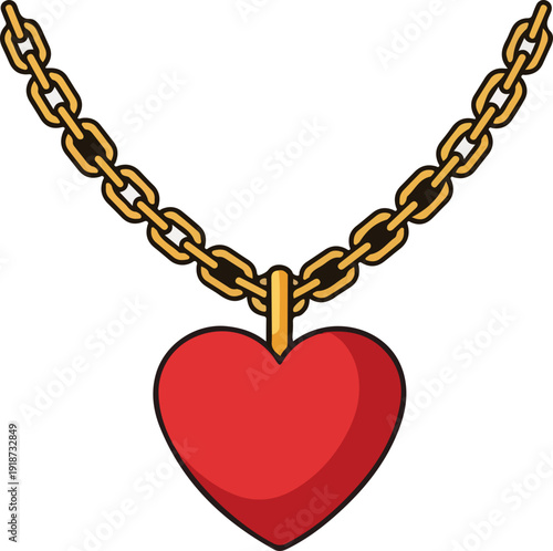 Golden chain necklace with a large red heart pendant on white background symbolizing love and romance