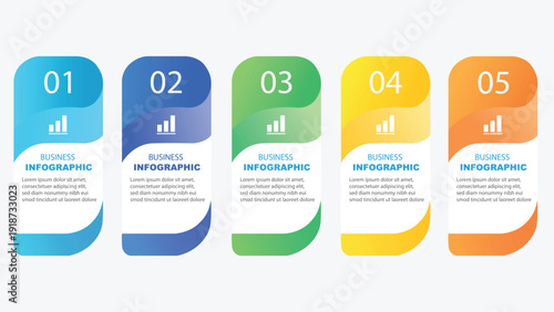 Modern 5 steps business infographic template with colorful rounded cards and chart icons vector