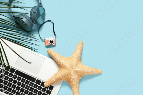 Laptop with headphones, cam...