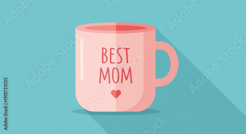 Pink coffee mug with 'best mom' text and heart on turquoise background symbolizing love and appreciation