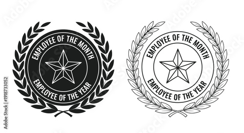Two employee recognition badges black and white designs with laurel wreaths
