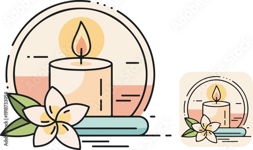 Two lit candles with flowers on blue holders in minimalist illustration style for ambiance and relaxation concepts