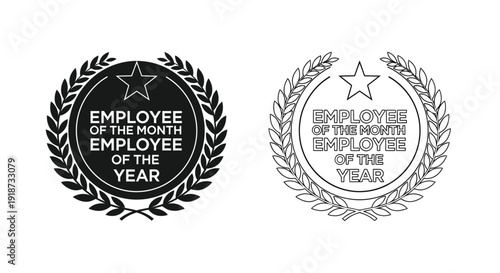 Two employee recognition badges month and year awards presented in laurel wreaths