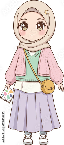 A young girl wearing a hijab and holding a map stands confidently in a casual setting with a crossbody bag