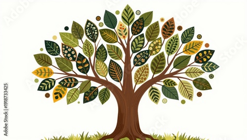 Stylized tree with intricately patterned leaves in various shades of green and yellow