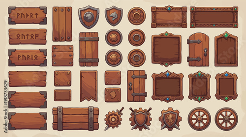 Mediaeval wooden game gui set. Cartoon frames, boards, buttons, panel, menu with wood, metal and stone texture. Vector user interface