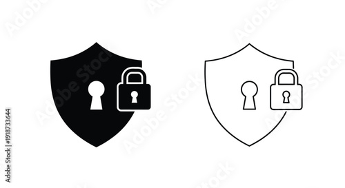 Security shield icons with lock and key black and white versions