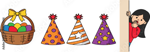 Cute Birthday Party Vector Set with Gift Basket, Colorful Party Hats and Shy Girl Peeking from Wall, Cartoon Celebration Illustration