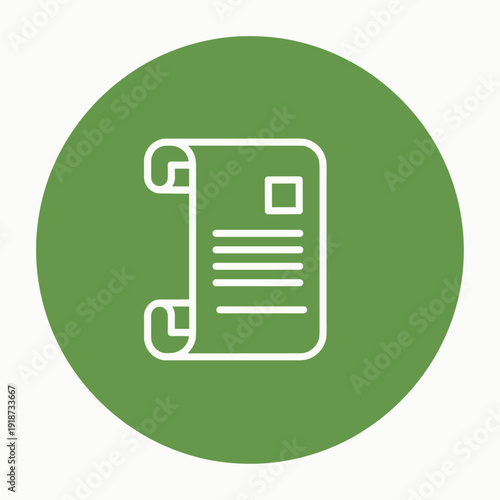 Ancient scroll document icon on green circle background representing legal certificate agreement or history paper