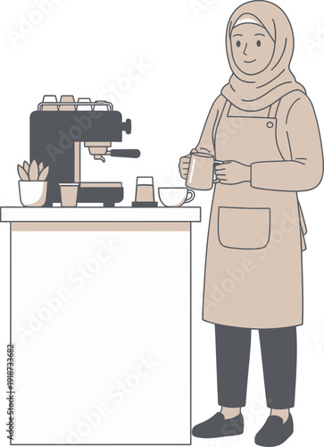 A woman in a hijab pours coffee from a machine into a cup on a counter in a coffee shop.