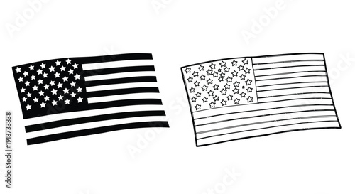 Two depictions of the american flag in black and white line art