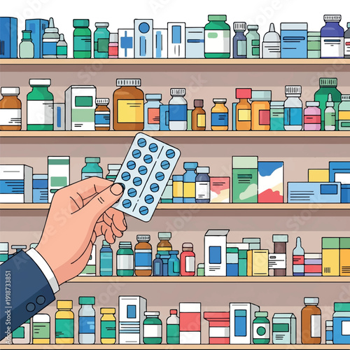 A hand in a suit holds up a blister pack of pills in front of a densely stocked pharmacy shelf with various medication bottles and containers.