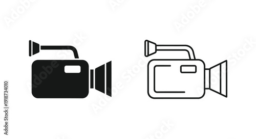 Two black and white outlines of vintage video cameras are displayed