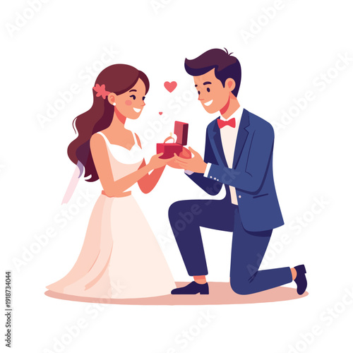 Man proposing marriage to woman with ring and hearts in romantic illustration