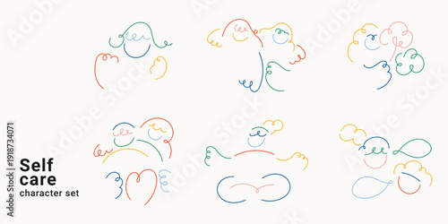 Self care character set with doodle line art people, wellness activities, love and heart symbols. One line drawing vector illustration collection for mindfulness concepts colorful.