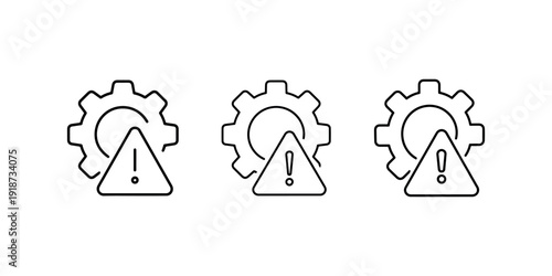 Set of warning signs with gear symbol and exclamation mark in triangle caution icon line art