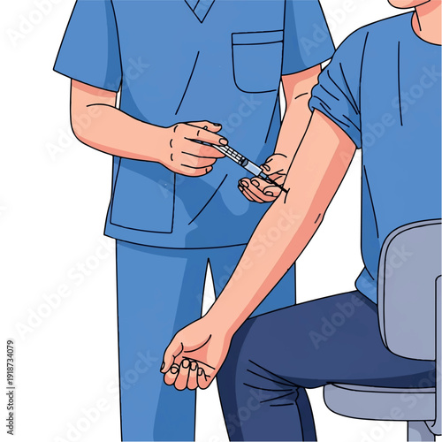 A medical professional administering an injection to a seated patient in blue attire with a clinical setting and sterile mood.