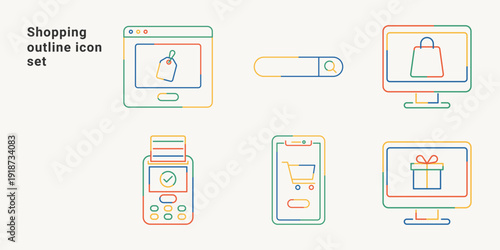 Shopping outline icon set with e-commerce, online store, shopping cart, bag, payment and mobile website symbols. Vector illustration collection colorful gradient line style.