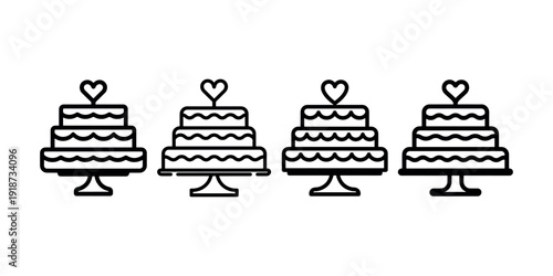 Wedding cake with heart on top, tiered celebration dessert line art icon set
