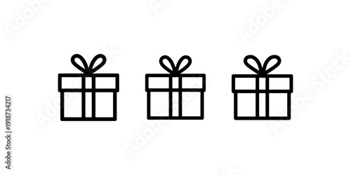 Three simple line art gift boxes with bows, isolated on white background, representing celebrations and presents