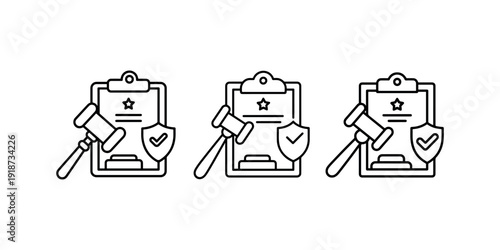 Three icons depicting legal document, gavel and shield, representing justice, law and protection
