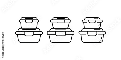 Three stack of outline food containers, representing storage, lunch boxes and food preservation