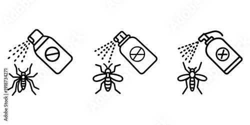 Three icons showing spray bottles repelling insects like mosquitoes, representing pest control