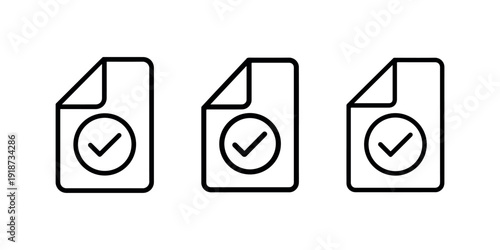 Approved document file icon collection with checkmark symbol for verified paperwork and successful application status vector illustration in thin line