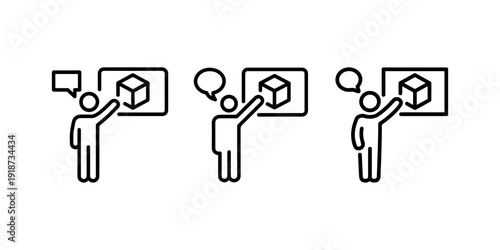 Person presenting 3D cube icon with speech bubble