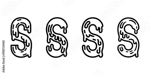 Melted letter s alphabet font collection featuring liquid drip effect with splash texture and gooey outline design elements isolated on white background