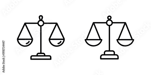 Justice scale icon set with law balance symbol representing legal system equality judgment and courtroom authority in thin line style on white background