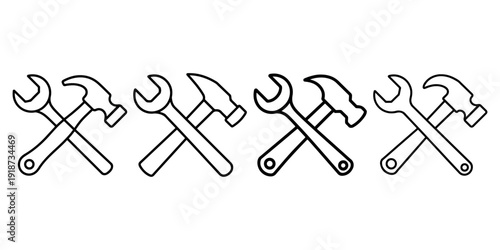 Set of four different black and white crossed wrench and hammer illustrations vector isolated on white background