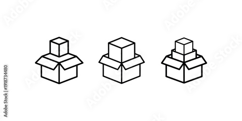 Set of three different isometric open box with various smaller boxes inside illustration vector isolated on white background