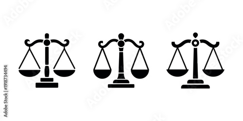Set of three different black and white scales of justice icon illustration vector isolated on white background