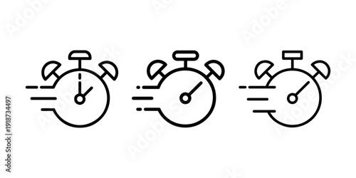 Set of three different black and white stopwatch with speed lines illustration vector isolated on white background